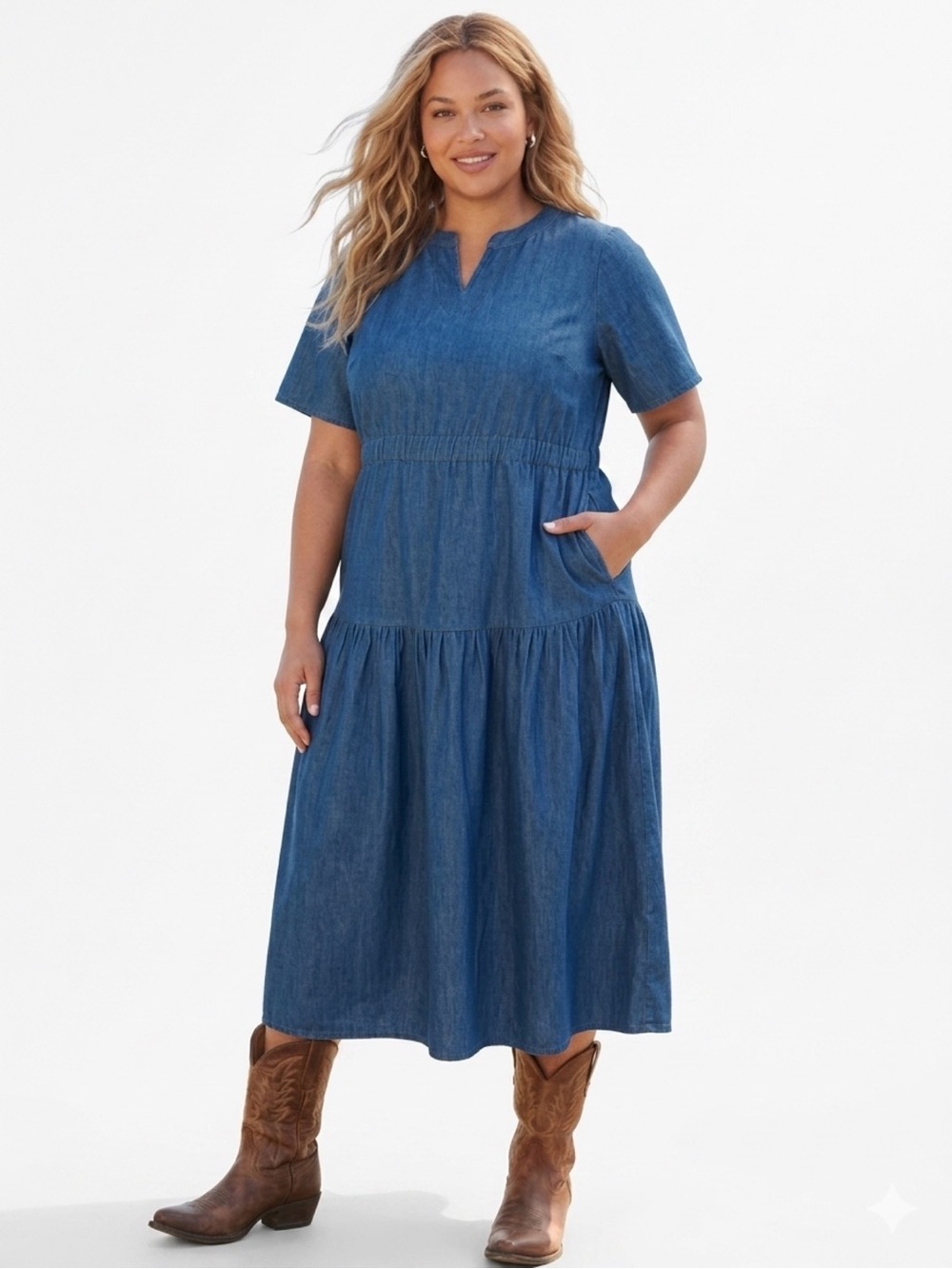 Women Within NWT Denim Tiered Midi Dress in Dark blue wash w pockets SZ 22/24